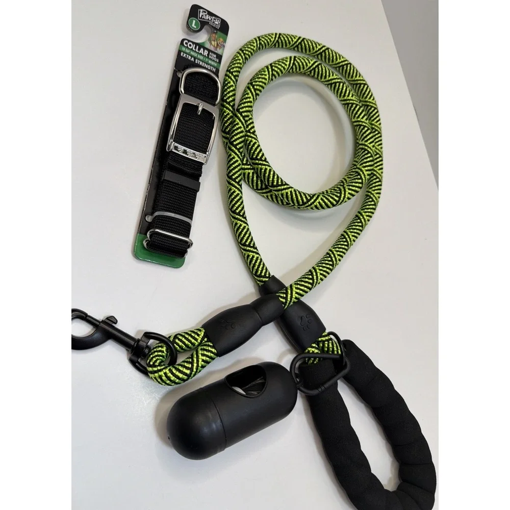Braided Rope Leash Strong Reflective Lime Green 6ft  With Large Black Dog Collar